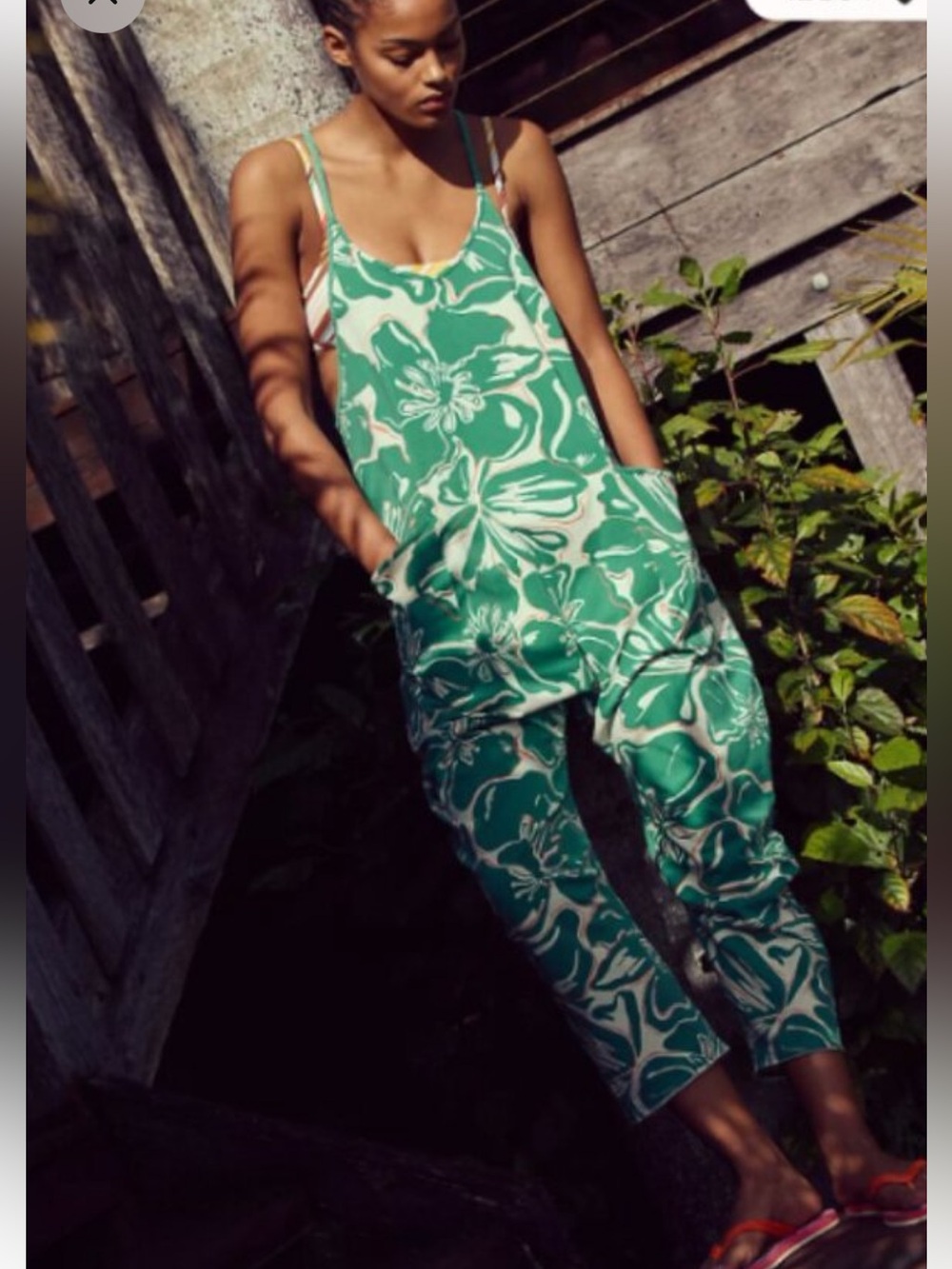 Free People Hot Shot Onesie Green & White Tropical Floral Print M